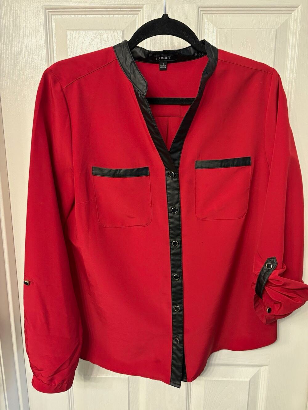 Elementz Women's S Red/Black V-Neck with Faux Leather Trim Roll up sleeve